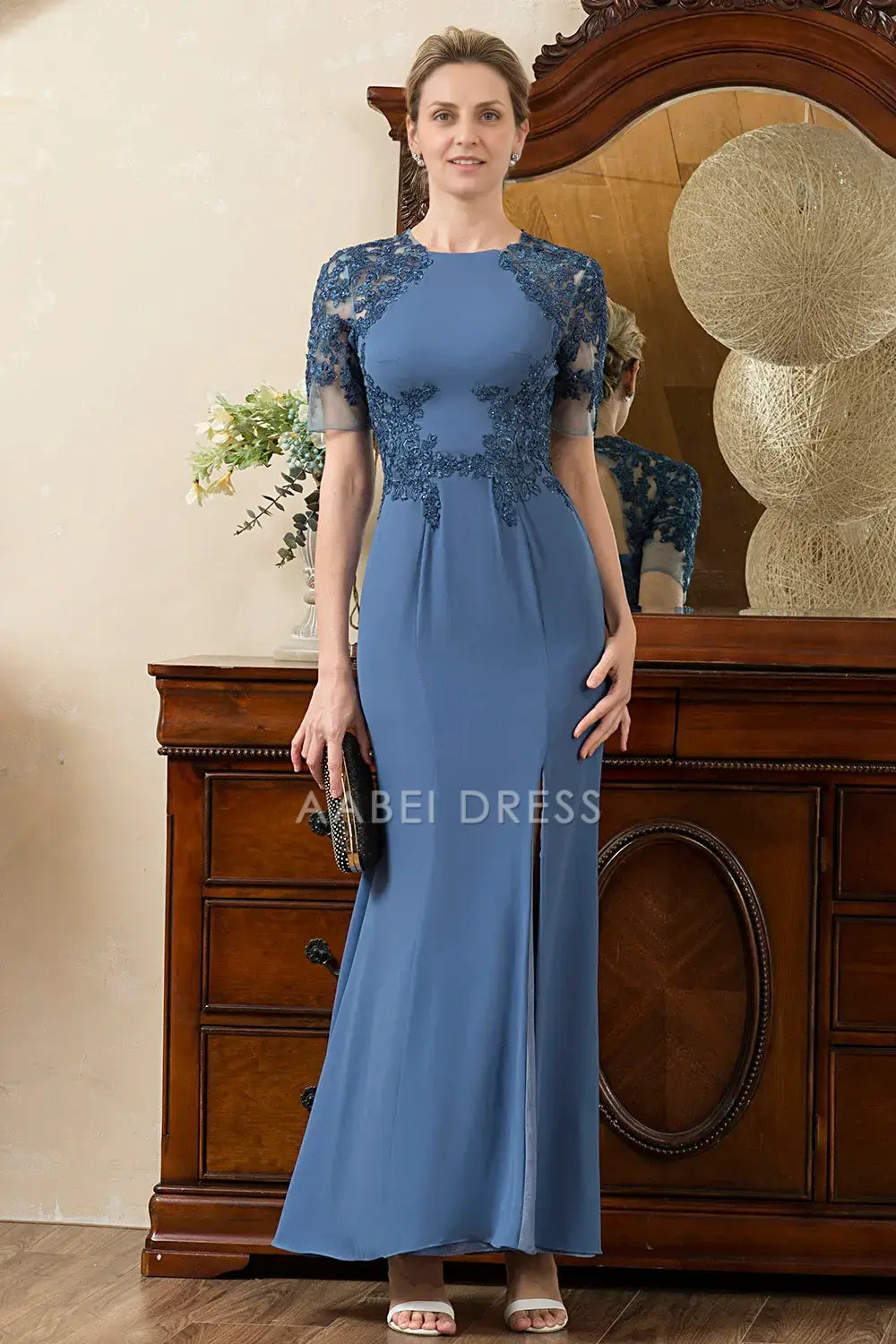 AABEI DRESS Wedding Guests Dresses Mom's Formal Dress Mermaid Short Sleeve Lace Applique Open Back with Slit Exquisite Mother of the Bride Dress