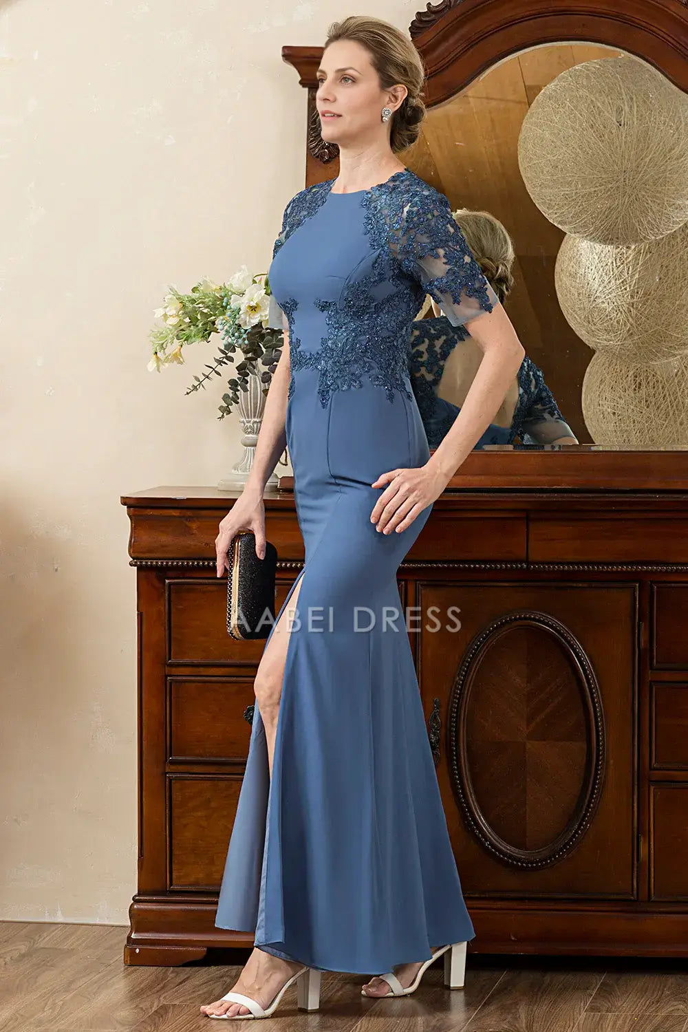 AABEI DRESS Wedding Guests Dresses Mom's Formal Dress Mermaid Short Sleeve Lace Applique Open Back with Slit Exquisite Mother of the Bride Dress