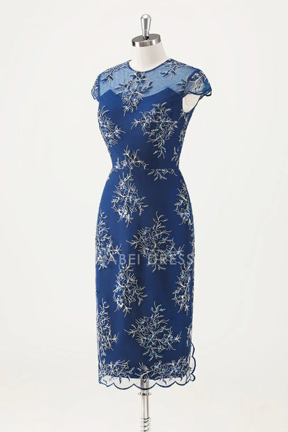 AABEI DRESS Wedding Guests Dresses Mom's Formal Dress Sheath Applique Round Neck Cap Sleeve with Cloak Two-Piece Set Tea-Length Exquisite Mother of the Bride Dress