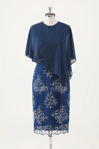 AABEI DRESS Wedding Guests Dresses Mom's Formal Dress Sheath Applique Round Neck Cap Sleeve with Cloak Two-Piece Set Tea-Length Exquisite Mother of the Bride Dress