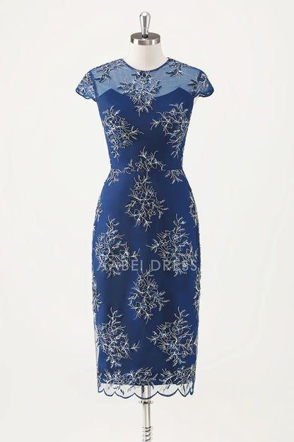 AABEI DRESS Wedding Guests Dresses Mom's Formal Dress Sheath Applique Round Neck Cap Sleeve with Cloak Two-Piece Set Tea-Length Exquisite Mother of the Bride Dress