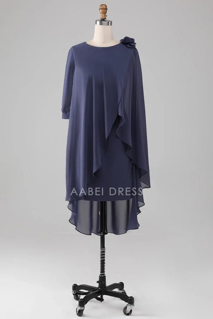 AABEI DRESS Wedding Guests Dresses Mom's Formal Dress Sheath/Column Round Neck 3D Flower Ruched Flutter Chiffon Knee-Length Elegant Mother of the Bride Dress