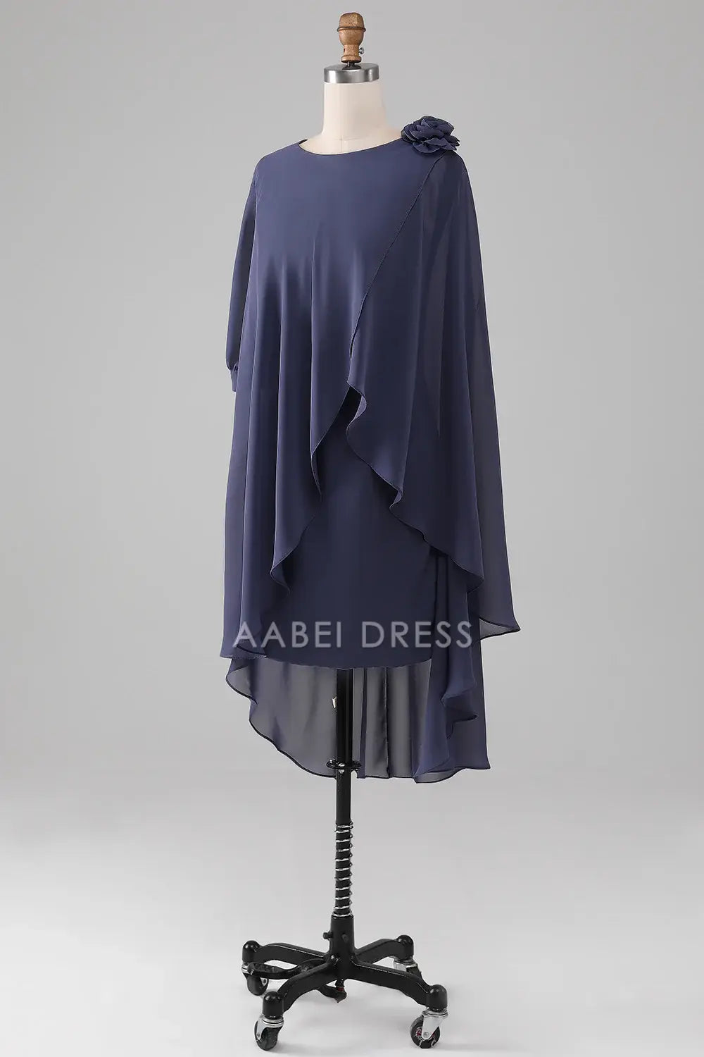 AABEI DRESS Wedding Guests Dresses Mom's Formal Dress Sheath/Column Round Neck 3D Flower Ruched Flutter Chiffon Knee-Length Elegant Mother of the Bride Dress