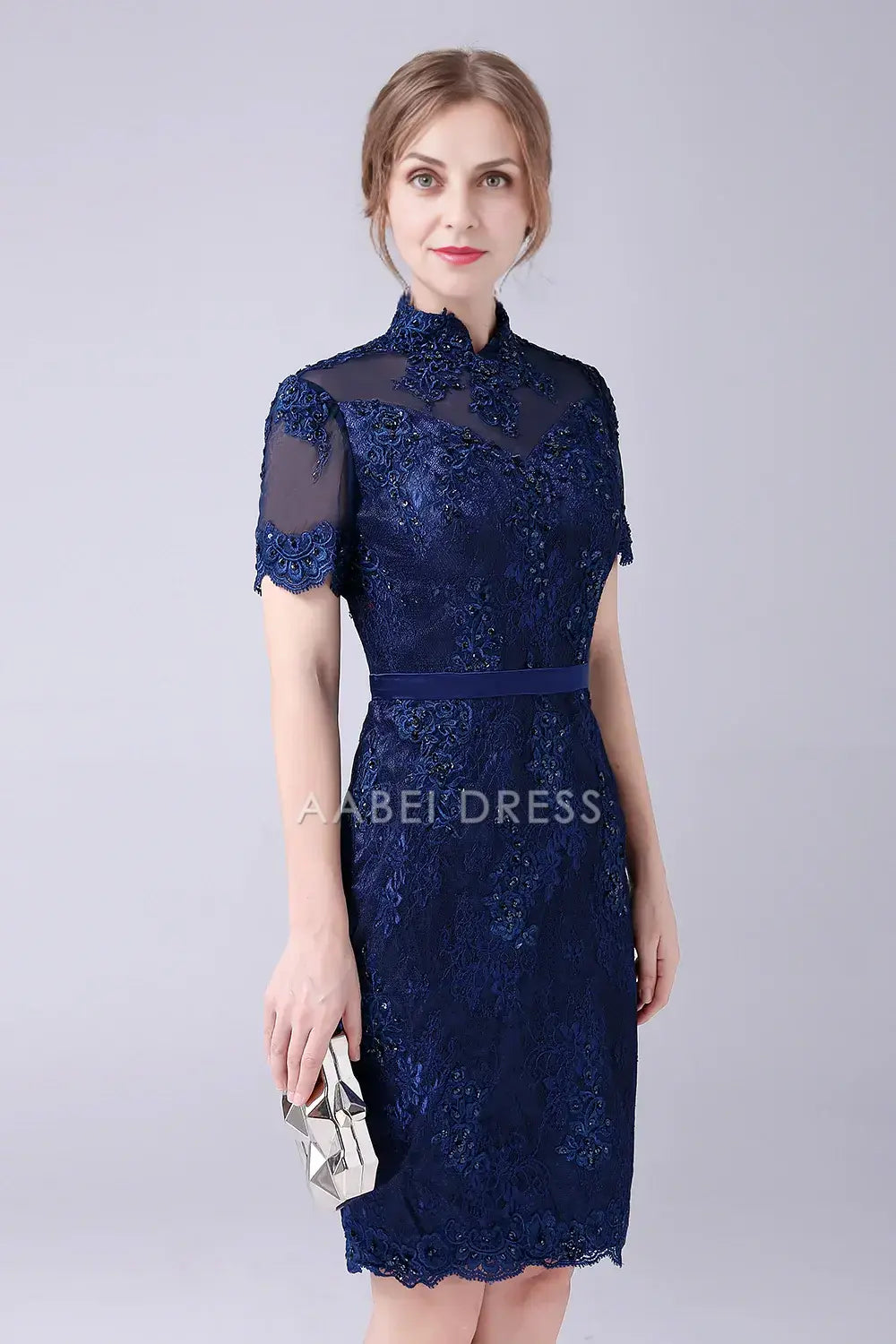 AABEI DRESS Wedding Guests Dresses Mom's Formal Dress Sheath Stand Collar Short Sleeve Beaded With Lace Appliques Knee-Length Exquisite Mother of the Bride Dress