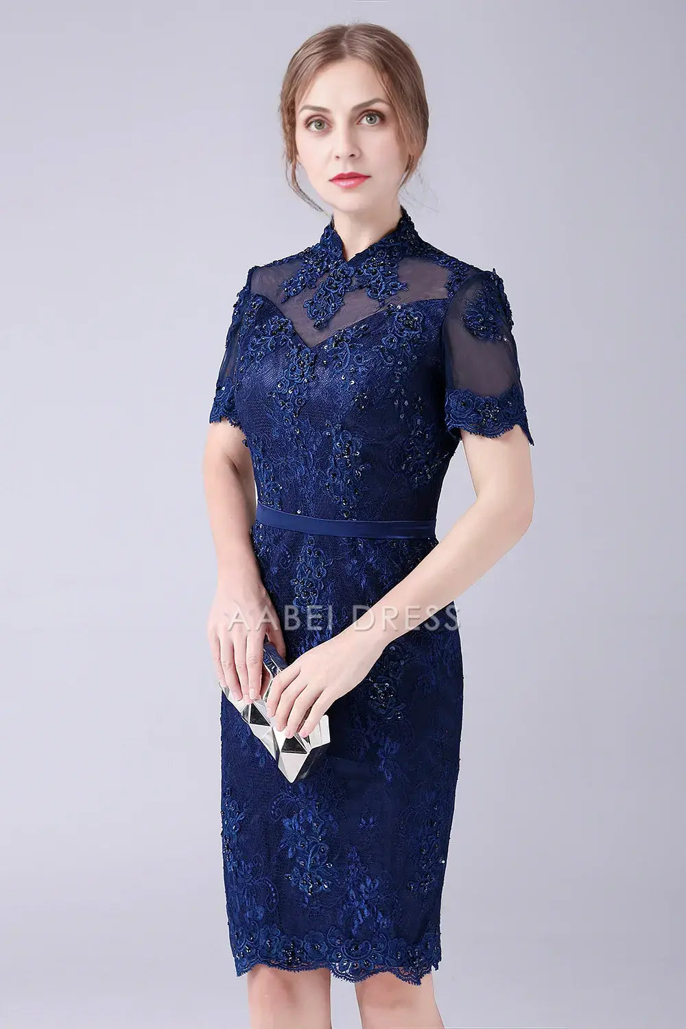 AABEI DRESS Wedding Guests Dresses Mom's Formal Dress Sheath Stand Collar Short Sleeve Beaded With Lace Appliques Knee-Length Exquisite Mother of the Bride Dress
