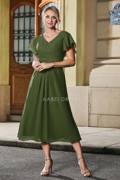 AABEI DRESS Wedding Guests Dresses Mom's Formal Dress Simple A Line Pleated V-Neck Flutter Sleeves Chiffon Tea-Length Elegant Mother of the Bride Dress