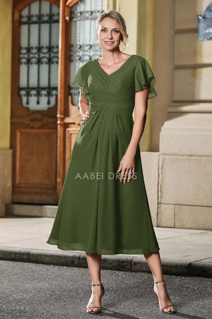 AABEI DRESS Wedding Guests Dresses Mom's Formal Dress Simple A Line Pleated V-Neck Flutter Sleeves Chiffon Tea-Length Elegant Mother of the Bride Dress
