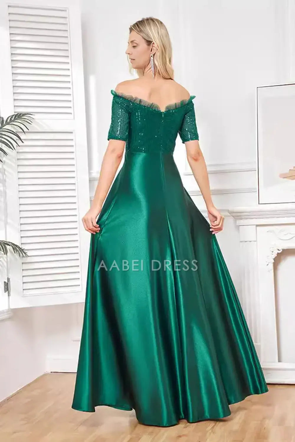 AABEI DRESS Wedding Guests Dresses Mom's Formal Dress Sparkly A Line Ruched Off Shoulder Short Sleeve Sequin Top Side Fork Fashion Mother of the Bride Dress