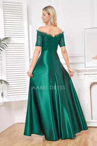 AABEI DRESS Wedding Guests Dresses Mom's Formal Dress Sparkly A Line Ruched Off Shoulder Short Sleeve Sequin Top Side Fork Fashion Mother of the Bride Dress