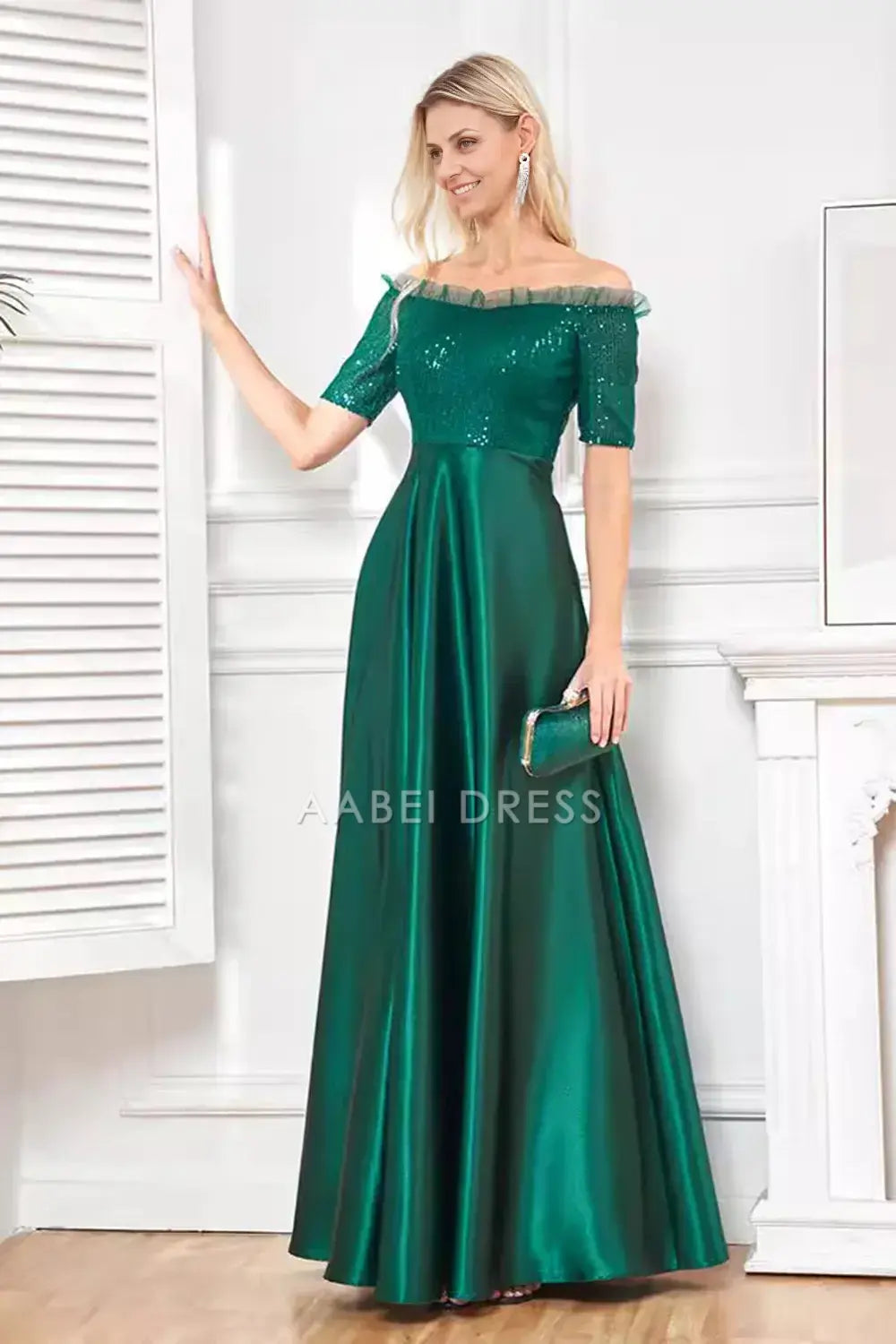 AABEI DRESS Wedding Guests Dresses Mom's Formal Dress Sparkly A Line Ruched Off Shoulder Short Sleeve Sequin Top Side Fork Fashion Mother of the Bride Dress