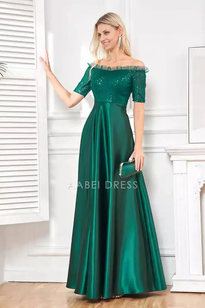 AABEI DRESS Wedding Guests Dresses Mom's Formal Dress Sparkly A Line Ruched Off Shoulder Short Sleeve Sequin Top Side Fork Fashion Mother of the Bride Dress