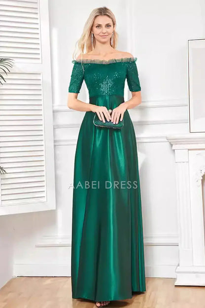AABEI DRESS Wedding Guests Dresses Mom's Formal Dress Sparkly A Line Ruched Off Shoulder Short Sleeve Sequin Top Side Fork Fashion Mother of the Bride Dress