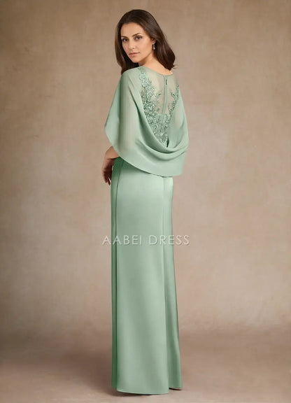 AABEI DRESS Wedding Guests Dresses Sheath Illusion Boatneck Cascading Into Back Capelet Lace Bodice Pleated Side Fork Exquisite Mother of the Bride Dress