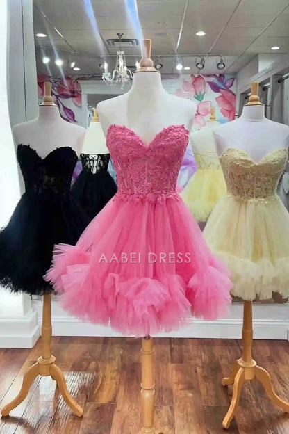 AABEI DRESS A-Line Off Shoulder Sweetheart Sheer Corset Ruffle with Appliques Lace-Up Backless Cute Charming Hot Sale Short Homecoming Dress