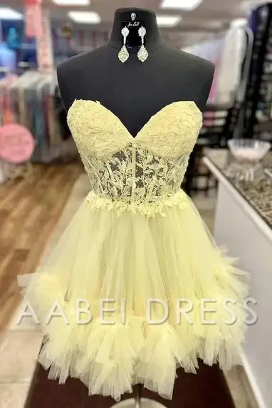 AABEI DRESS A-Line Off Shoulder Sweetheart Sheer Corset Ruffle with Appliques Lace-Up Backless Cute Charming Hot Sale Short Homecoming Dress