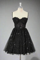 AABEI DRESS A Line Corset Spaghetti Strap Sweetheart Neckline Black Tulle Sparkle Hot Sale Short Homecoming Dress