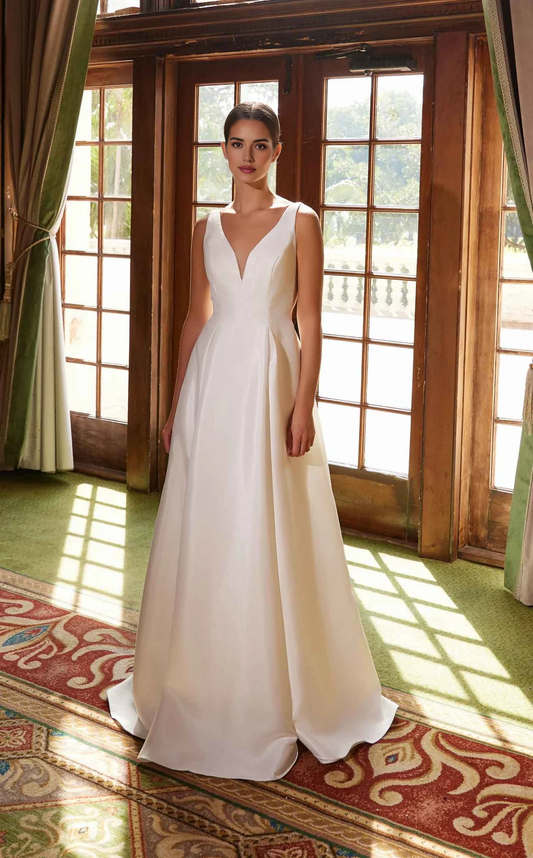 AABEI DRESS A Line Deep V Neck Sleeveless Backless Ruched Elegant Simple Wedding Dress
