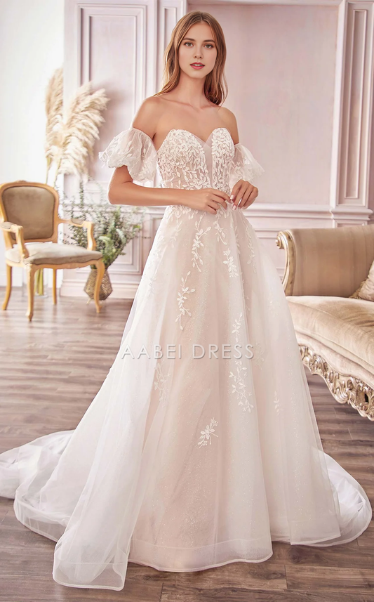 AABEI DRESS A Line Off Shoulde Sweetheart Neckline Short Sleeves Backless Exquisite Lace Wedding Dress