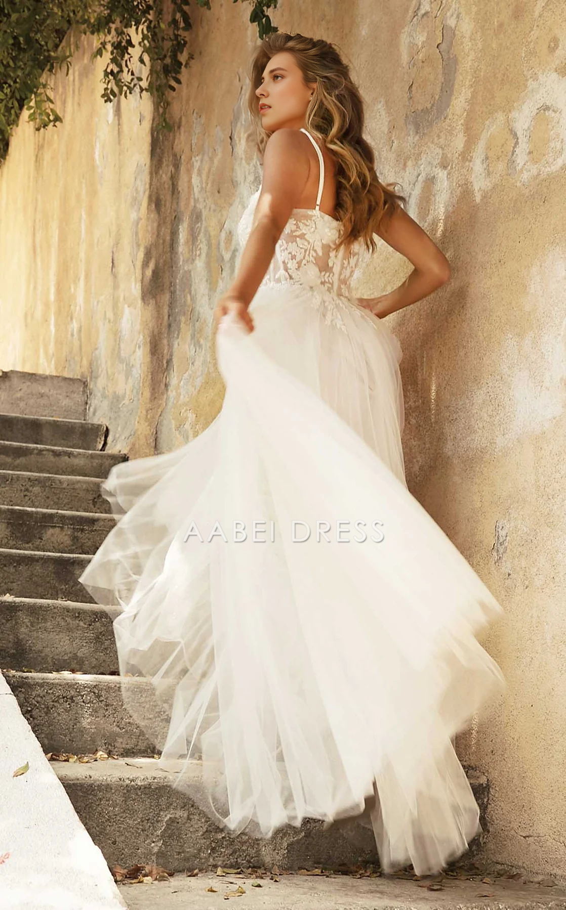 AABEI DRESS A Line Sleeveless Spaghetti Strap Illusion Neck Exquisite Lace Applique Wedding Dress