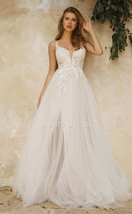 AABEI DRESS A Line Sleeveless Spaghetti Strap Illusion Neck Exquisite Lace Applique Wedding Dress