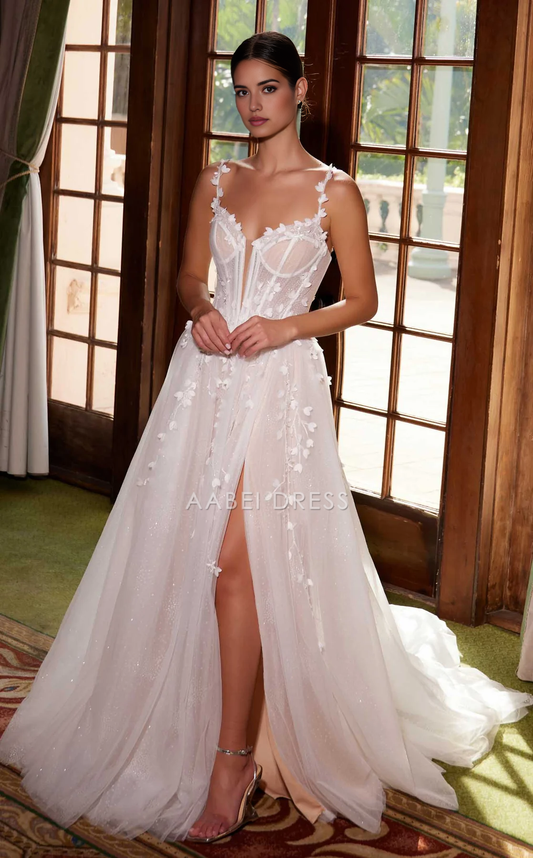 AABEI DRESS A Line Spaghetti Strap Sweetheart Neckline Backless Side Fork Flower Sparkle Wedding Dress