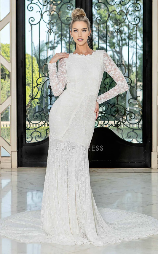 AABEI DRESS Charming Mermaid Boat Neckline Long Sleeves Backless Exquisite Lace Sweep Train Wedding Dress
