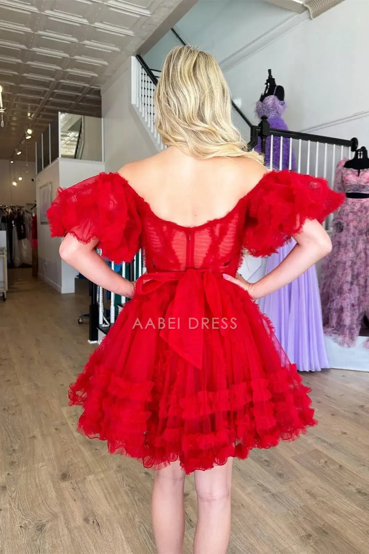 AABEI DRESS Elegant Red A Line Off-the-Shoulder Puff Sleeves Tulle Ruffle-Layers Fashion Hot Sale Short Homecoming Dress