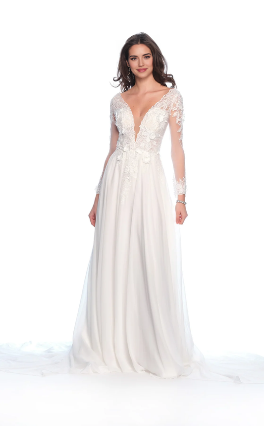 AABEI DRESS Exquisite A Line Deep V Neck Long Sleeves Backless 3D Flower Floor-length Fashion Wedding Dress