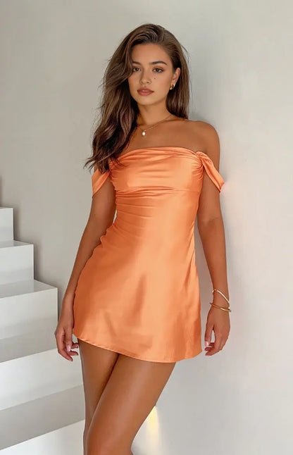 AABEI DRESS For Women Mini Dress Orange Sheath Off Shoulder Pleated Backless Simple Dress Affordable Hot Sale Homecoming Dress