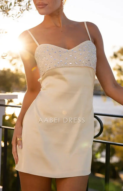 AABEI DRESS For Women Mini Dress Sheath V Neck Spaghetti Strap Sequin Bead String Bodice Backless Chic Dress Affordable Hot Sale Homecoming Dress
