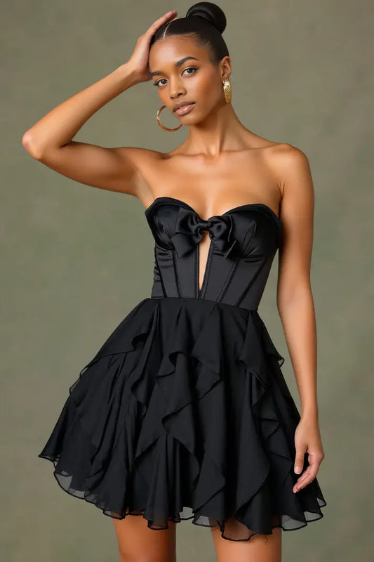 AABEI DRESS For Women Short Prom Dress Black A-Line Strapless Bowknot Sweetheart Neckline Keyhole Tiers Ruffles Hot Sale Homecoming Dress