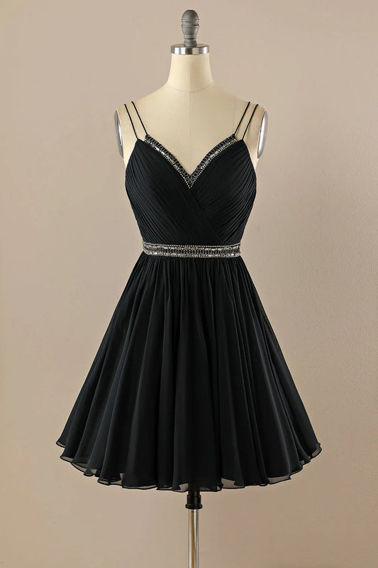 AABEI DRESS For Women Short Prom Dress Black A-Line V Neck Double Spaghetti Straps  Backless With Bead String Ruched Charming Dress Affordable Hot Sale Homecoming Dress
