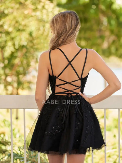 AABEI DRESS For Women Short Prom Dress Black A-Line V Neck Spaghetti-Straps Lace Applique Backless Exquisite Hot Sale Homecoming Dress