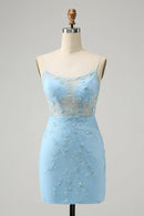 AABEI DRESS For Women Short Prom Dress Blue Bodycon Spaghetti Straps Sequin Applique With Lace-Up Back Backless Exquisite Dress Affordable Hot Sale Homecoming Dress