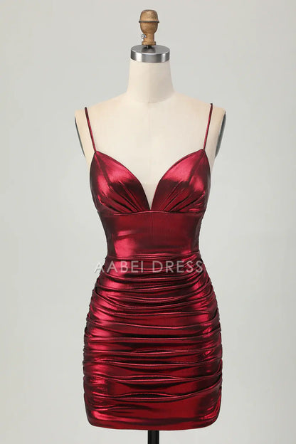 AABEI DRESS For Women Short Prom Dress Burgundy Sheath V Neck Spaghetti Strap Pleated Charming Sexy Dress Affordable Hot Sale Homecoming Dress