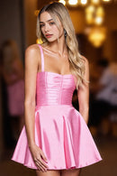 AABEI DRESS For Women Short Prom Dress Cute Pink A Line Spaghetti Straps Low-Cut Pleated Top Simple Dress Affordable Hot Sale Homecoming Dress