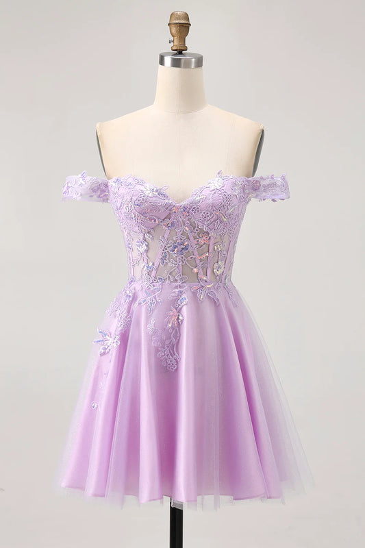 AABEI DRESS For Women Short Prom Dress Glitter Lilac A Line Sweetheart Neckline Backless With Exquisite Lace Appliques Cute Dress Affordable Hot Sale Homecoming Dress