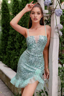 AABEI DRESS For Women Short Prom Dress Green Sheath Spaghetti Straps Ruched Sequins Charming Dress Affordable Hot Sale Homecoming Dress