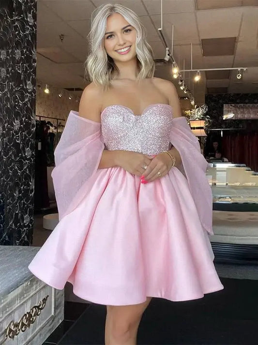 AABEI DRESS For Women Short Prom Dress Pink A-Line Off The Shoulder Sweetheart Neckline Sequined Top Backless Cute Dress Affordable Hot Sale Homecoming Dress