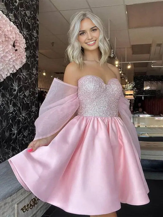 AABEI DRESS For Women Short Prom Dress Pink A-Line Off The Shoulder Sweetheart Neckline Sequined Top Backless Cute Dress Affordable Hot Sale Homecoming Dress