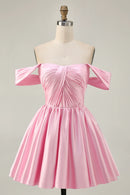 AABEI DRESS For Women Short Prom Dress Pink A Line Off The Shoulder Pleated Low-Cut Elegant Simple Dress Affordable Hot Sale Homecoming Dress