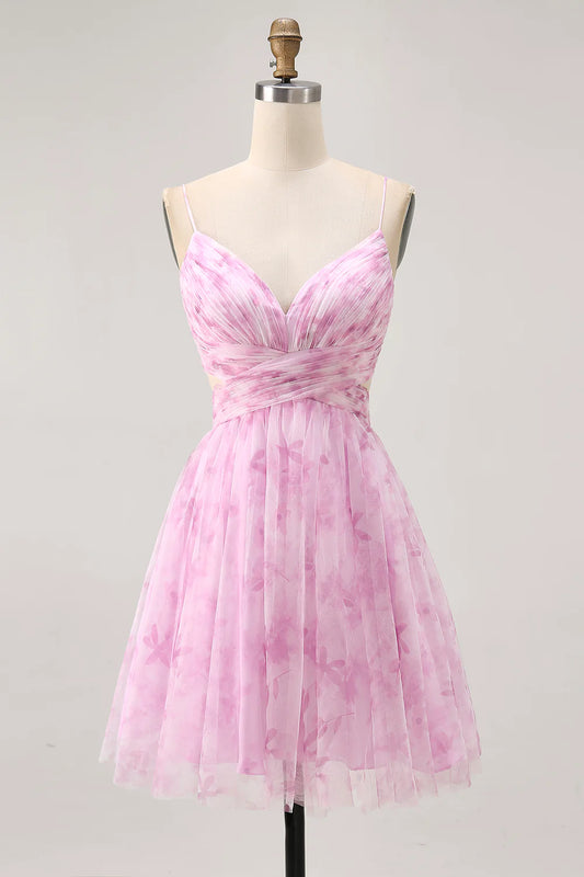 AABEI DRESS For Women Short Prom Dress Pink Printing A Line V Neck Spaghetti Strap Pleated Lace-Up Backless Elegant Dress Affordable Hot Sale Homecoming Dress