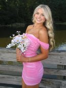 AABEI DRESS For Women Short Prom Dress Pink Sheath Off The Shoulder Sweetheart Neckline Pleated Mini Dress Affordable Hot Sale Homecoming Dress