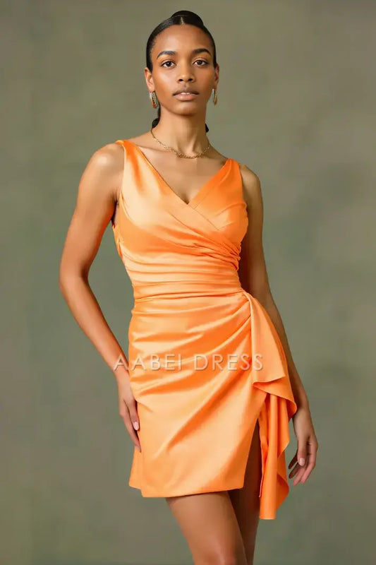 AABEI DRESS For Women Short Prom Dress Pleated Sheath Bodycon Wide Shoulder Straps V-Neck Ruffles With Slit Dress Hot Sale Homecoming Dress