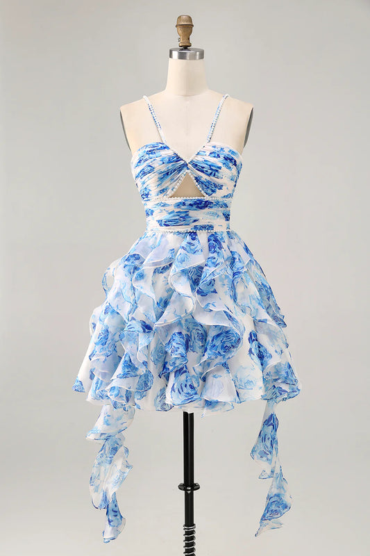 AABEI DRESS For Women Short Prom Dress Printing A Line Pleated Sweetheart Neckline Spaghetti Strap Keyhole Tiers Ruffled With Pearls Exquisite Dress Affordable Hot Sale Homecoming Dress