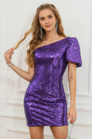 AABEI DRESS For Women Short Prom Dress Purple Sheath One Shoulder Puff Sleeves Sequined Fashion Dress Affordable Hot Sale Homecoming Dress