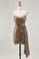 AABEI DRESS For Women Short Prom Dress Sheath Strapless Sweetheart Neckline Unique Leopard Printed Sequin Pleated Dress Affordable Hot Sale Homecoming Dress