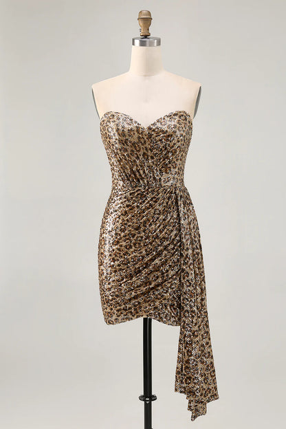 AABEI DRESS For Women Short Prom Dress Sheath Strapless Sweetheart Neckline Unique Leopard Printed Sequin Pleated Dress Affordable Hot Sale Homecoming Dress