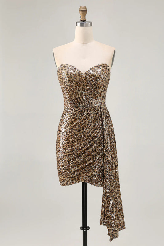AABEI DRESS For Women Short Prom Dress Sheath Strapless Sweetheart Neckline Unique Leopard Printed Sequin Pleated Dress Affordable Hot Sale Homecoming Dress