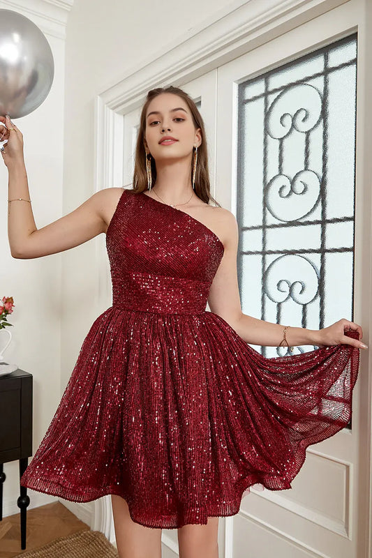 AABEI DRESS For Women Short Prom Dress Shiny Burgundy A-Line One Shoulder Backless Sequin Dress Affordable Hot Sale Homecoming Dress